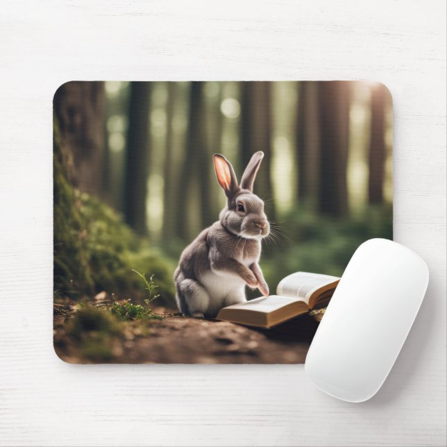 Tapis De Souris Lapin Dans Une Forêt Avec Un Livre (Avec souris)