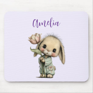 Tapis De Souris Lapin mignon tenant une Tulipe