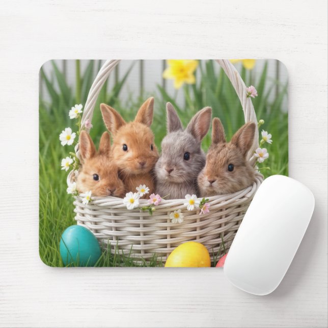 Tapis De Souris Lapins de Pâques dans un panier (Avec souris)