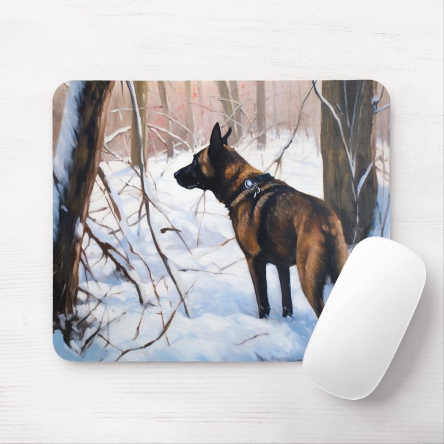 Tapis De Souris Le Malinois Belge Laisser Neige Noël (Avec souris)