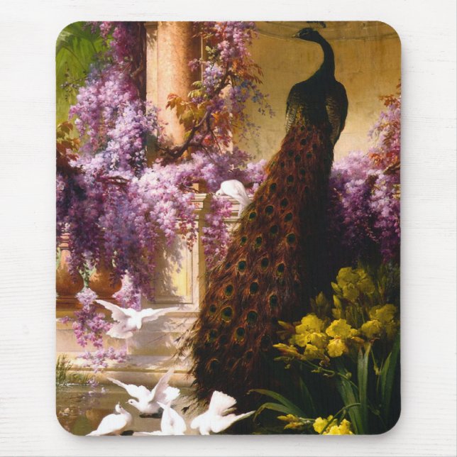 Tapis De Souris Le paon et les colombes dans un jardin (Devant)