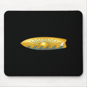 Tapis De Souris Le soleil avec planche de surf et vagues de mer su