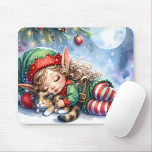 Tapis De Souris L'elfe de Noël endormi avec un chaton calicot