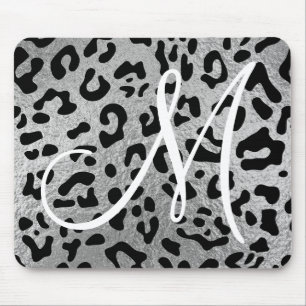 Tapis De Souris Léopard noir et monogramme à feuille d'argent faux