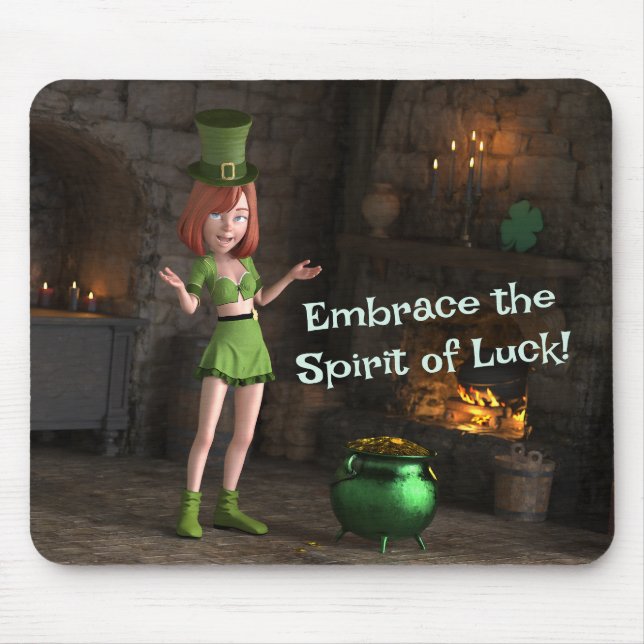 Tapis De Souris Leprechaun Toon Girl à côté du pot d'or (Devant)