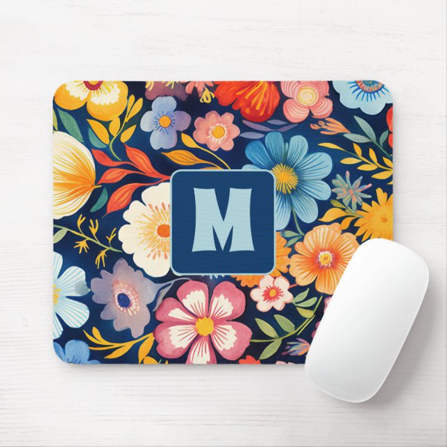 Tapis De Souris les années 70 60s Retro Floral Monogramme Bleu et  (Avec souris)