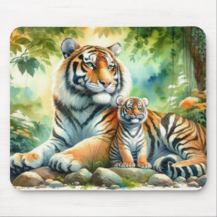 Tapis De Souris Les tigres dans une peinture luxuriante au paradis