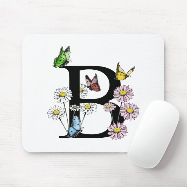 Tapis De Souris Lettre B Floral Aquarelle Papillon Monogramme (Avec souris)