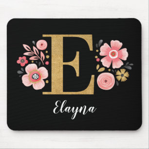 Tapis De Souris LETTRE D'OR rose E INITIALE CHAQUE MONogramme Flor