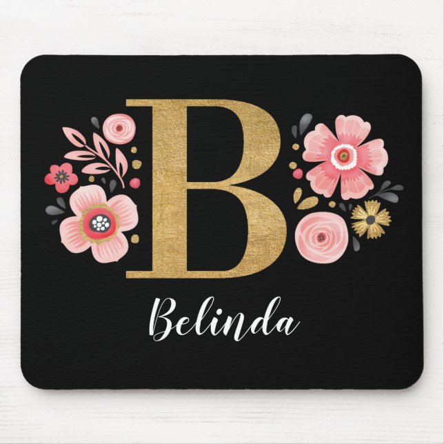 Tapis De Souris LETTRE D'OR rose INITIALE B MONOGRAPHIQUE Floral (Devant)