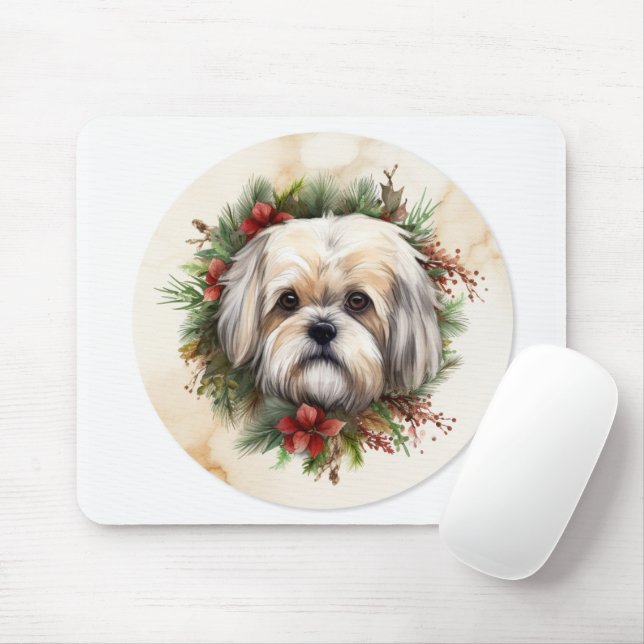 Tapis De Souris Lhasa Apso Christmas Wreath Festive Pup (Avec souris)
