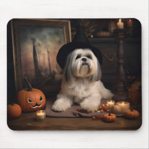 Tapis De Souris Lhasa Apso Citrouilles Halloween Épouvantable