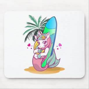 Tapis De Souris Licorne avec planche de surf sur la plage