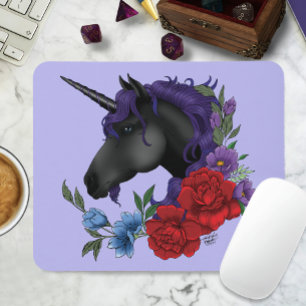 Tapis De Souris Licorne noire fleurs de jardin de minuit violet