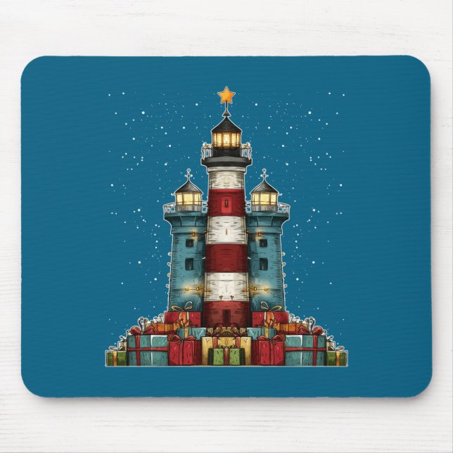 Tapis De Souris Lighthouse Seaside Christmas Tree Xmas Long Sleeve (Devant)