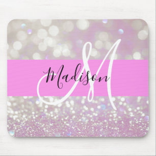 Tapis De Souris Lilac Girly Pailletés Monogramme Nom