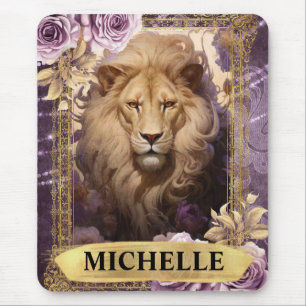 Tapis De Souris Lion romantique et roses violettes Fantaisie