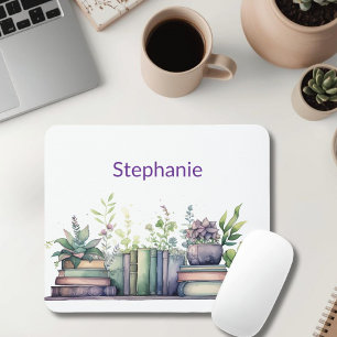 Tapis De Souris Livres aquarelle et plantes personnalisés