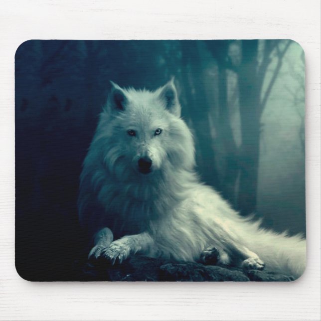 Tapis De Souris Loup blanc dans la forêt nocturne (Devant)