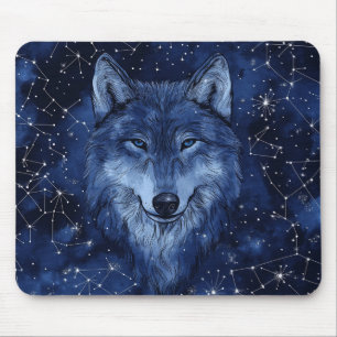 Tapis De Souris Loup Cosmique Bleu Ciel Etoilé