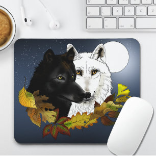 Tapis De Souris Loups Blancs Noirs Clair de Lune Feuilles d'Automn