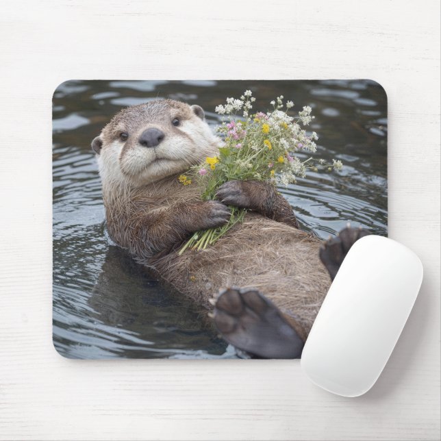 Tapis De Souris Loutre flottant avec bouquet de fleurs sauvages (Avec souris)