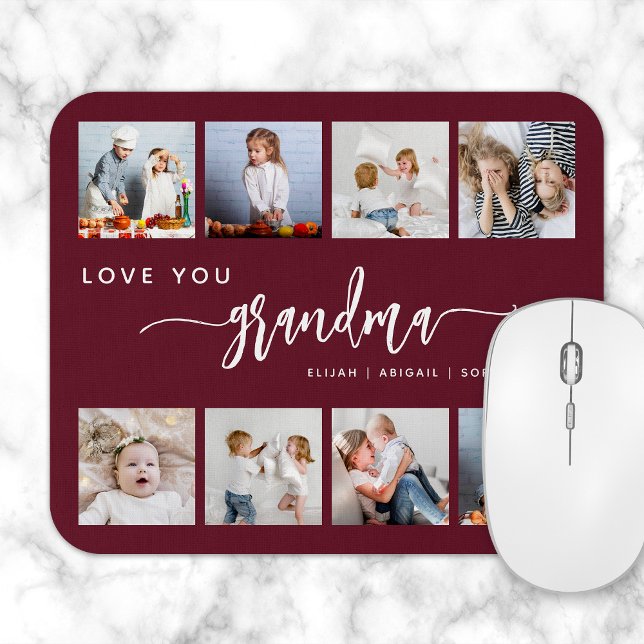 Tapis De Souris Love You Grandma 8 Photo Collage Burgundy (Créateur téléchargé)