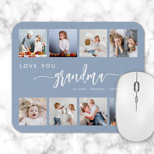 Tapis De Souris Love You Grandma 8 Photo Collage Dusty Blue (Créateur téléchargé)