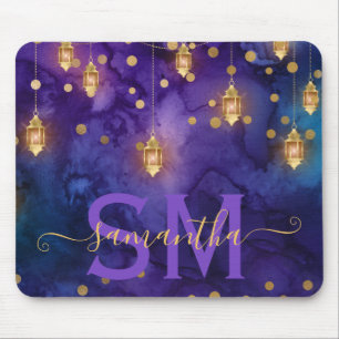 Tapis De Souris Lueur de lanterne violette et bleue Monogramme