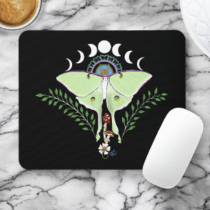 Tapis De Souris Lune Papillon Éthéré Vert Mystique Céleste