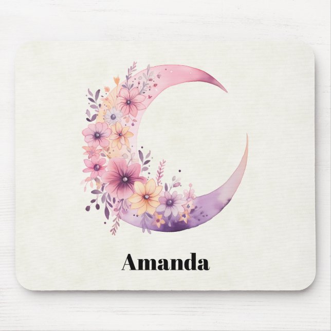 Tapis De Souris Lune rose Croissant avec de jolies fleurs (Devant)