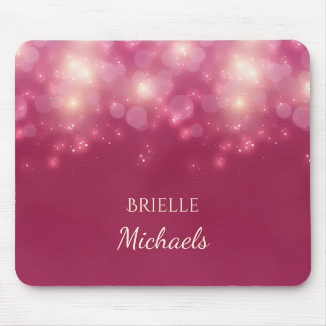 Tapis De Souris Luxe Bokeh Glamor Rose Foncé Avec Nom (Devant)