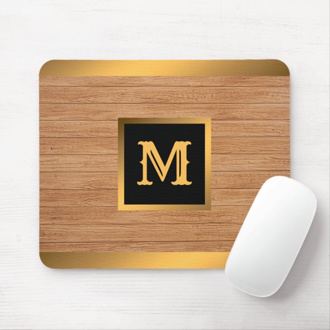 Tapis De Souris Luxury Gold Wood Moderne Monogramme (Avec souris)