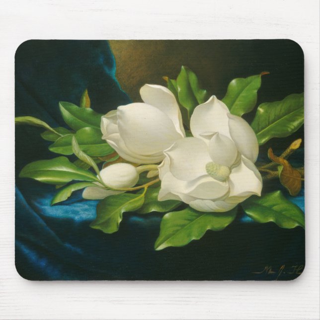 Tapis De Souris Magnolias géantes sur un tissu bleu de velours, (Devant)