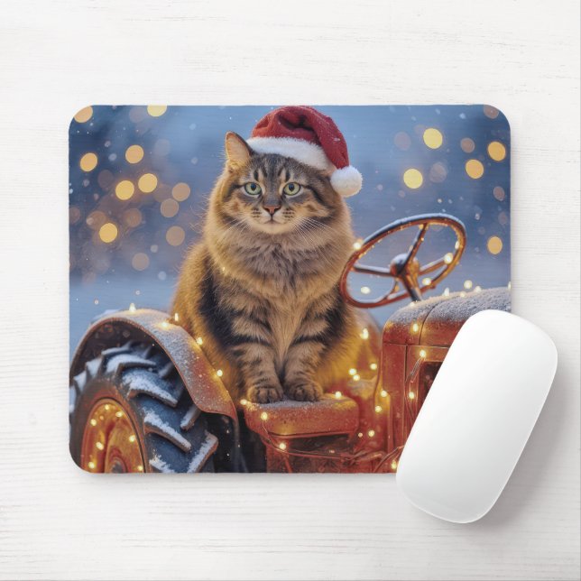 Tapis De Souris Maine Coon Christmas Cat On an Old Tractor (Avec souris)
