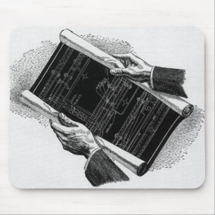 Tapis De Souris Mains avec plans architecturaux bleus, entreprise 