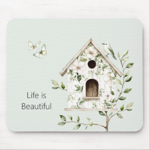 Tapis De Souris Maison d'oiseau verte blanche Feuilles Fleurs Papi