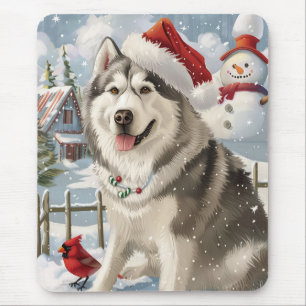 Tapis De Souris Malamute d'Alaska Paysage hivernal de Noël