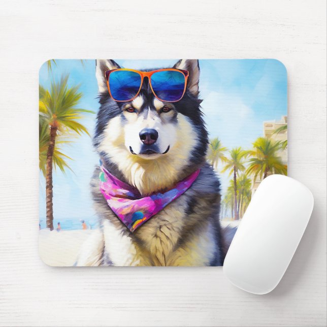 Tapis De Souris Malamute d'Alaska sur la plage, cadeau d'été (Avec souris)