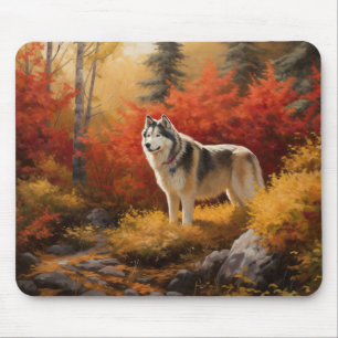 Tapis De Souris Malamute en Alaska à l'automne Feuilles automne in