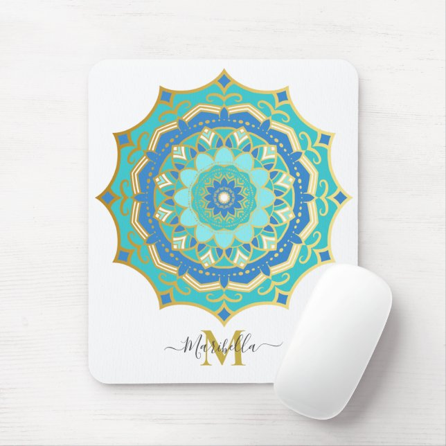 Tapis de souris mandala bohème bleu turquoise or (Avec souris)
