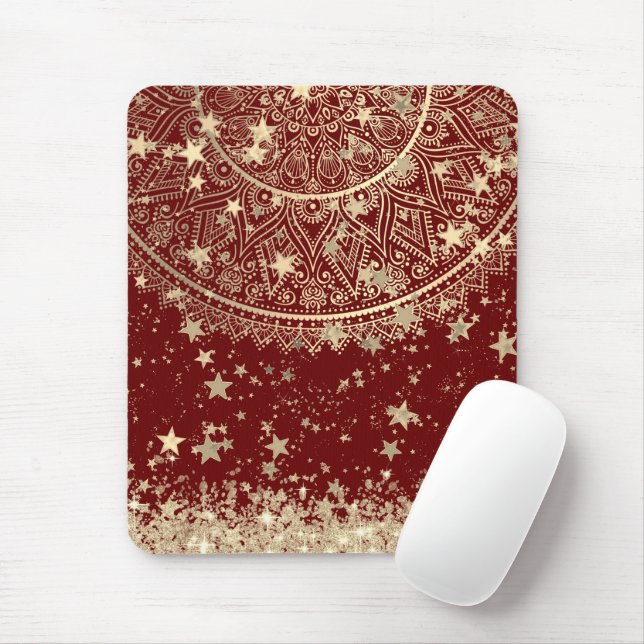 Tapis De Souris Mandala enchanteur avec étoiles d'or sur rouge (Avec souris)