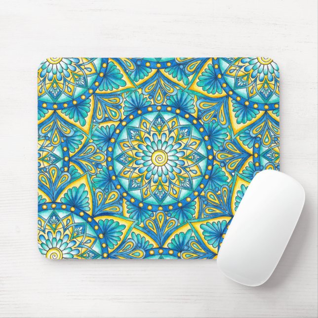 Tapis De Souris Mandala Motif bleu jaune turquoise (Avec souris)