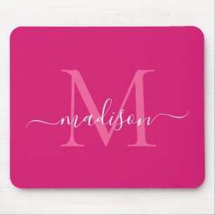 Tapis De Souris Manuscrit blanc magenta rose élégant de monogramme