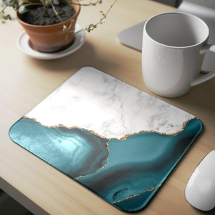 Tapis De Souris Marbre Blanc Agate Bleu sarcelle Doré