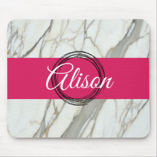 Tapis De Souris Marbre blanc et rose fuchsia nom personnalisé girl