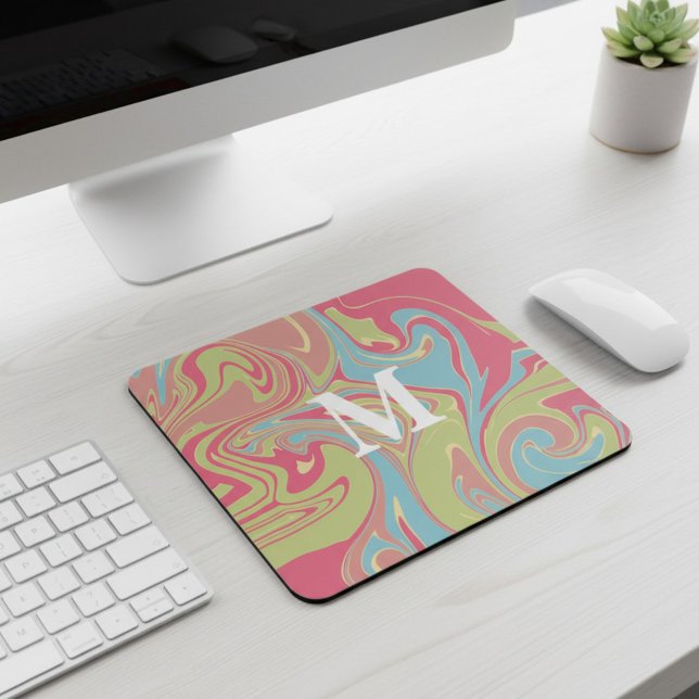 Tapis De Souris Marbre Monogramme Rose et Vert (Créateur téléchargé)