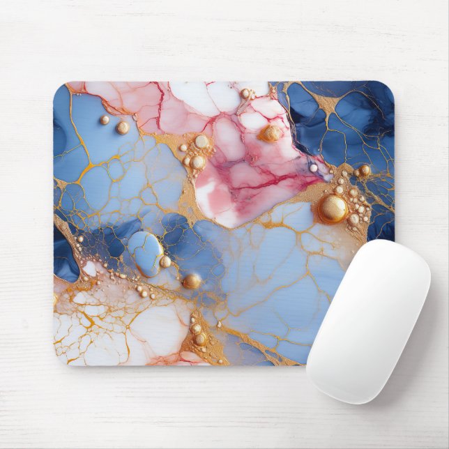 Tapis De Souris Marbre Rose et Saphir avec Perles Dorées (Avec souris)