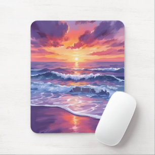 Tapis De Souris Marée violette   Vagues océaniques au coucher du s