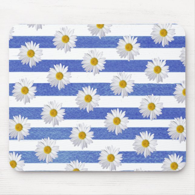 Tapis De Souris marguerites blanches sur bande d'aquarelle bleue (Devant)